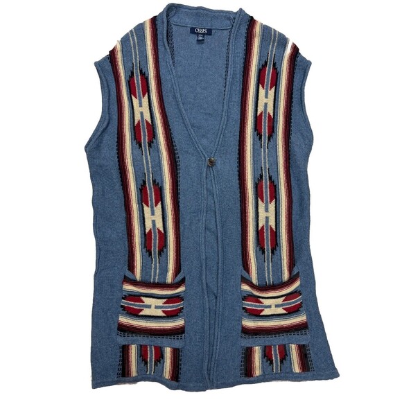 Chaps Denim Sweater Vest Southwestern Aztec Cardigan Women's Sz M Chaps Pockets - Picture 2 of 8